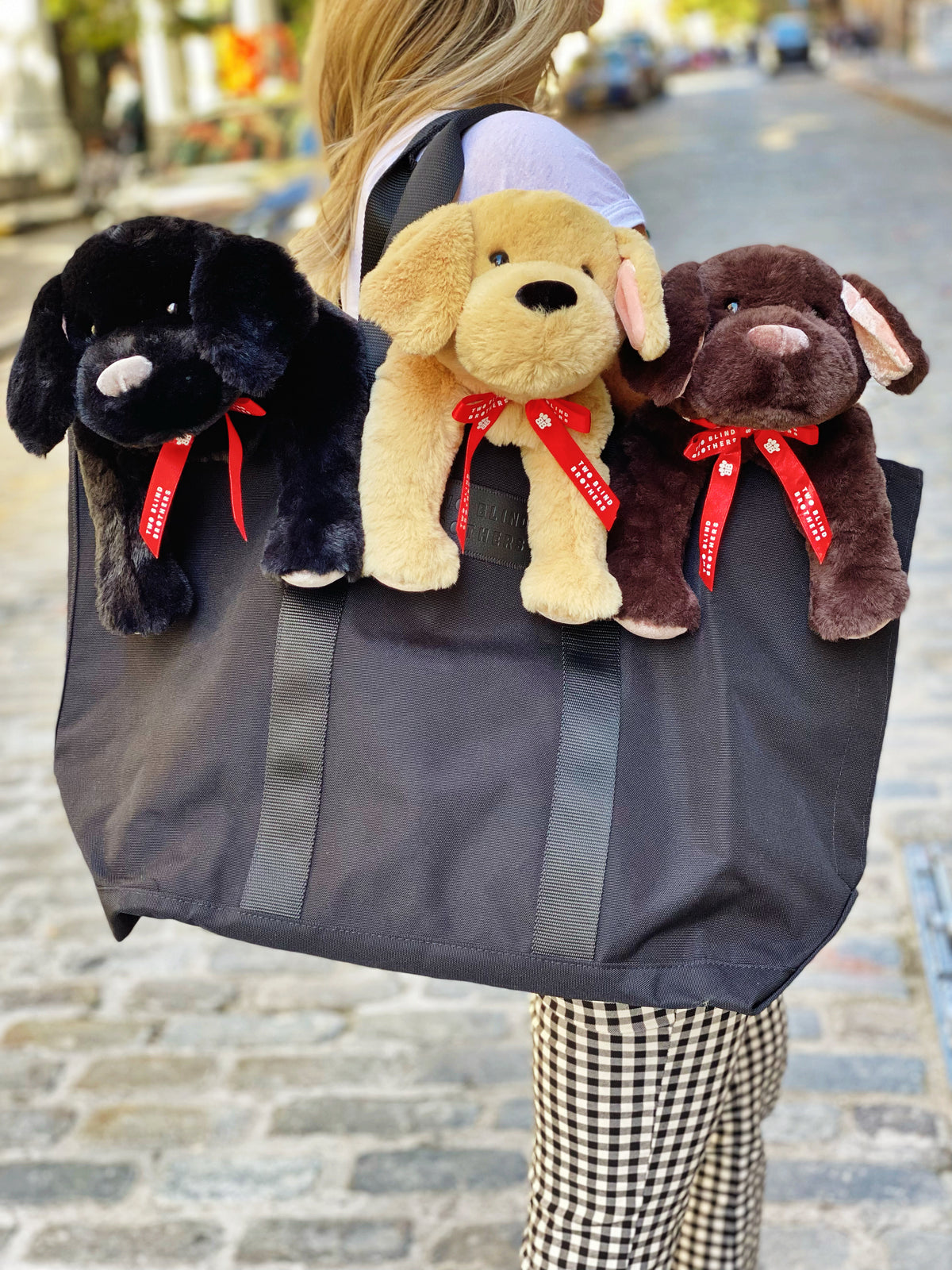 Two Blind Brothers - Guide Dog GUIDER Blonde-woman-holding-black-tote-bag-with-yellow,-black,-and-brown-dog-stuffed-animals-inside