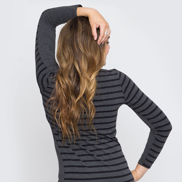Two Blind Brothers - Womens Women's Long Sleeve Striped Henley Charcoal-and-Black-Stripe