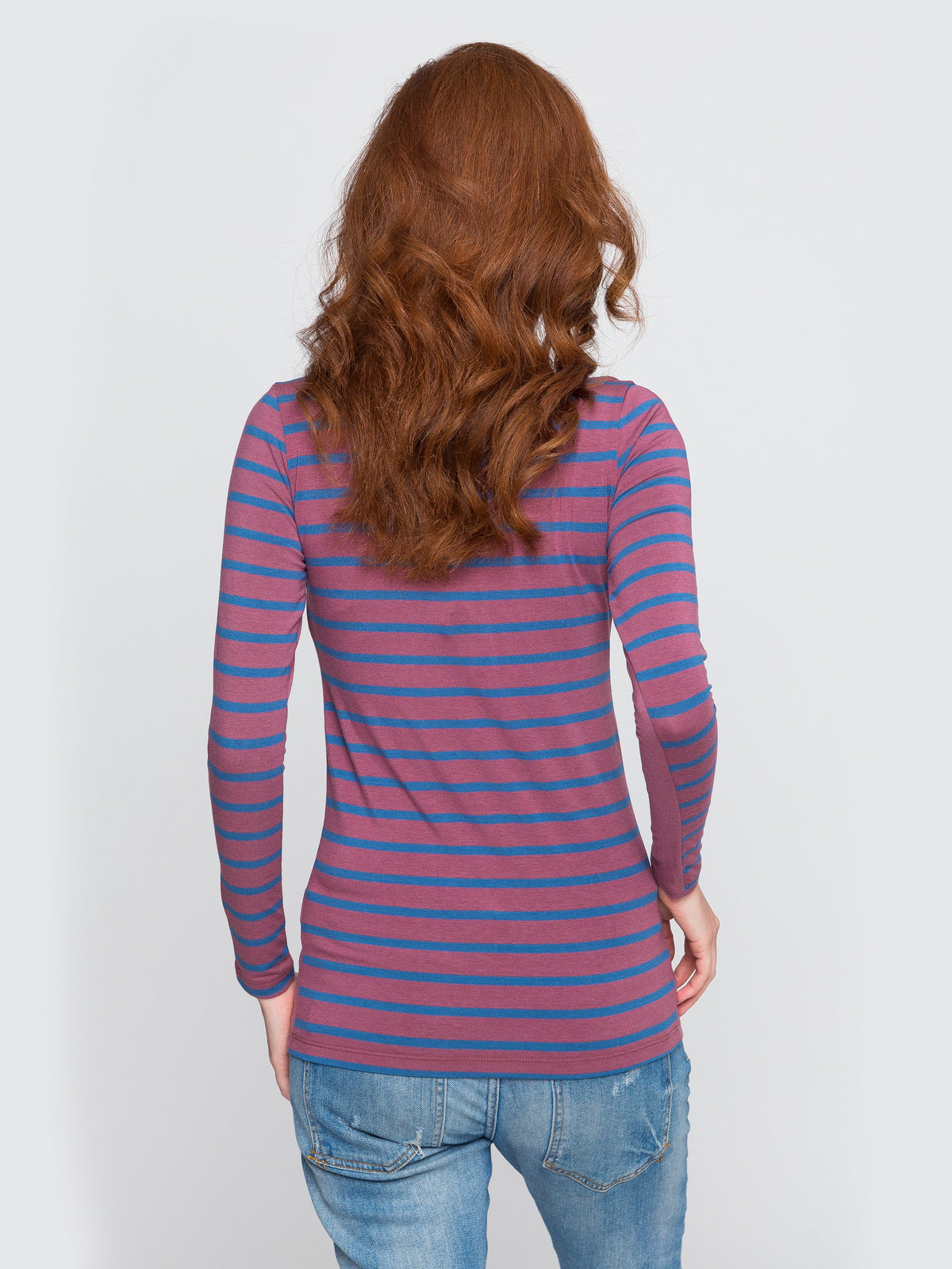 Two Blind Brothers - Womens Women's Long Sleeve Striped Henley Blue-and-Rose-Stripe