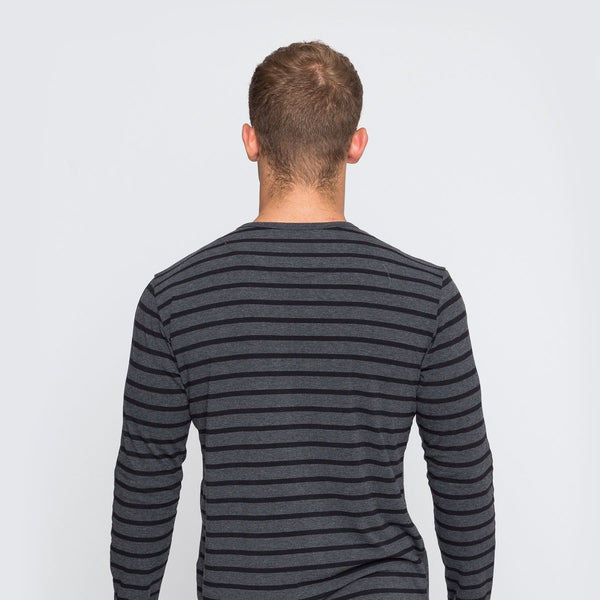 Two Blind Brothers - Mens Men's Long Sleeve Striped Henley Charcoal-and-Black-Stripe