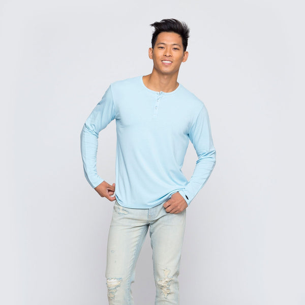 Two Blind Brothers - Mens Men's Long Sleeve Striped Henley Light-Blue