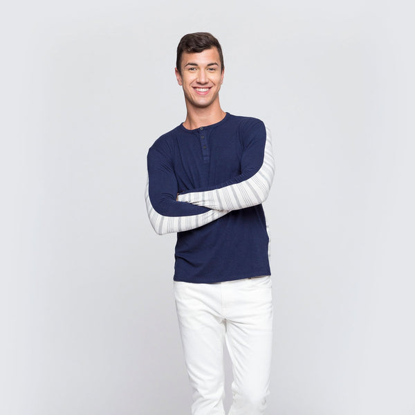 Two Blind Brothers - Mens Men's Long Sleeve Striped Henley Navy-and-Grey-Stripe