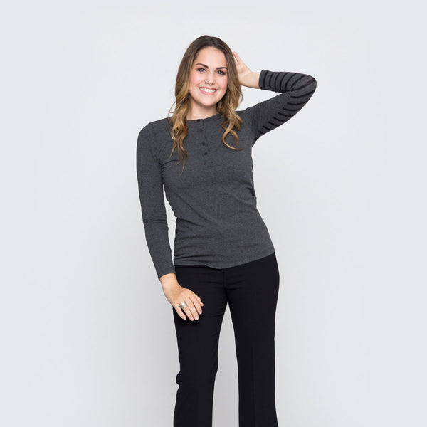 Two Blind Brothers - Womens Women's Long Sleeve Striped Henley Charcoal-and-Black-Stripe