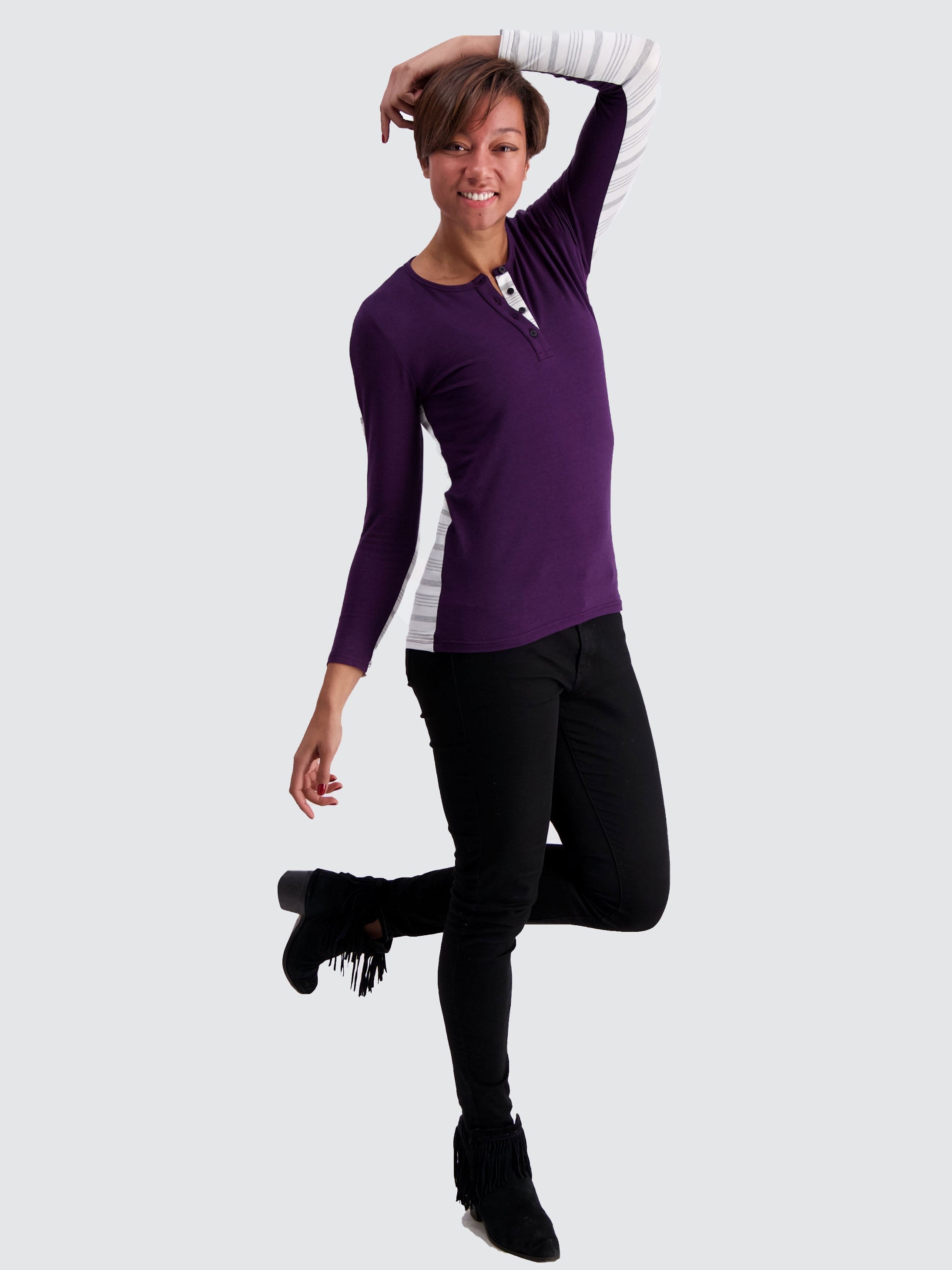 Two Blind Brothers - Womens Women's Long Sleeve Striped Henley Plum-and-Grey-Stripe