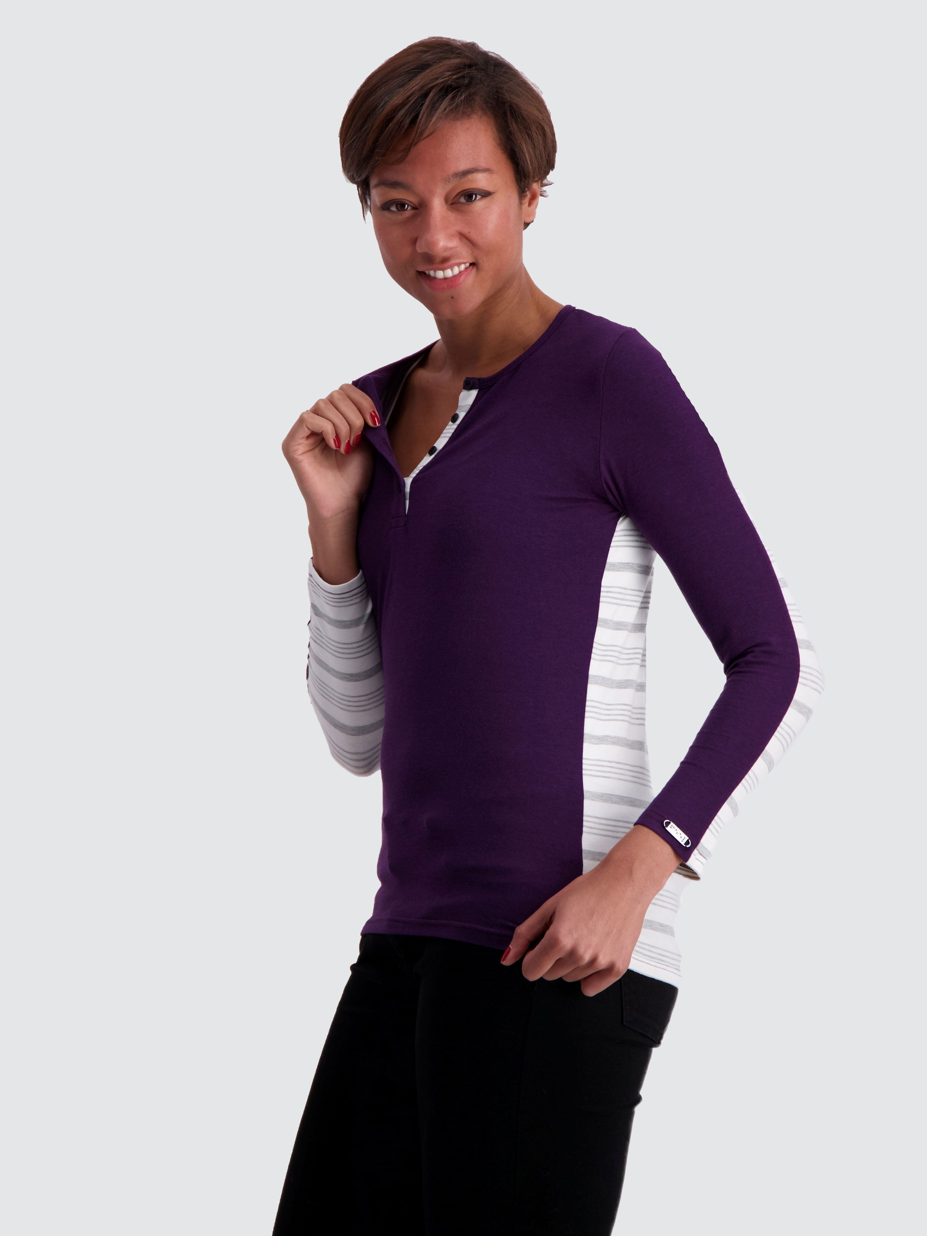 Two Blind Brothers - Womens Women's Long Sleeve Striped Henley Plum-and-Grey-Stripe