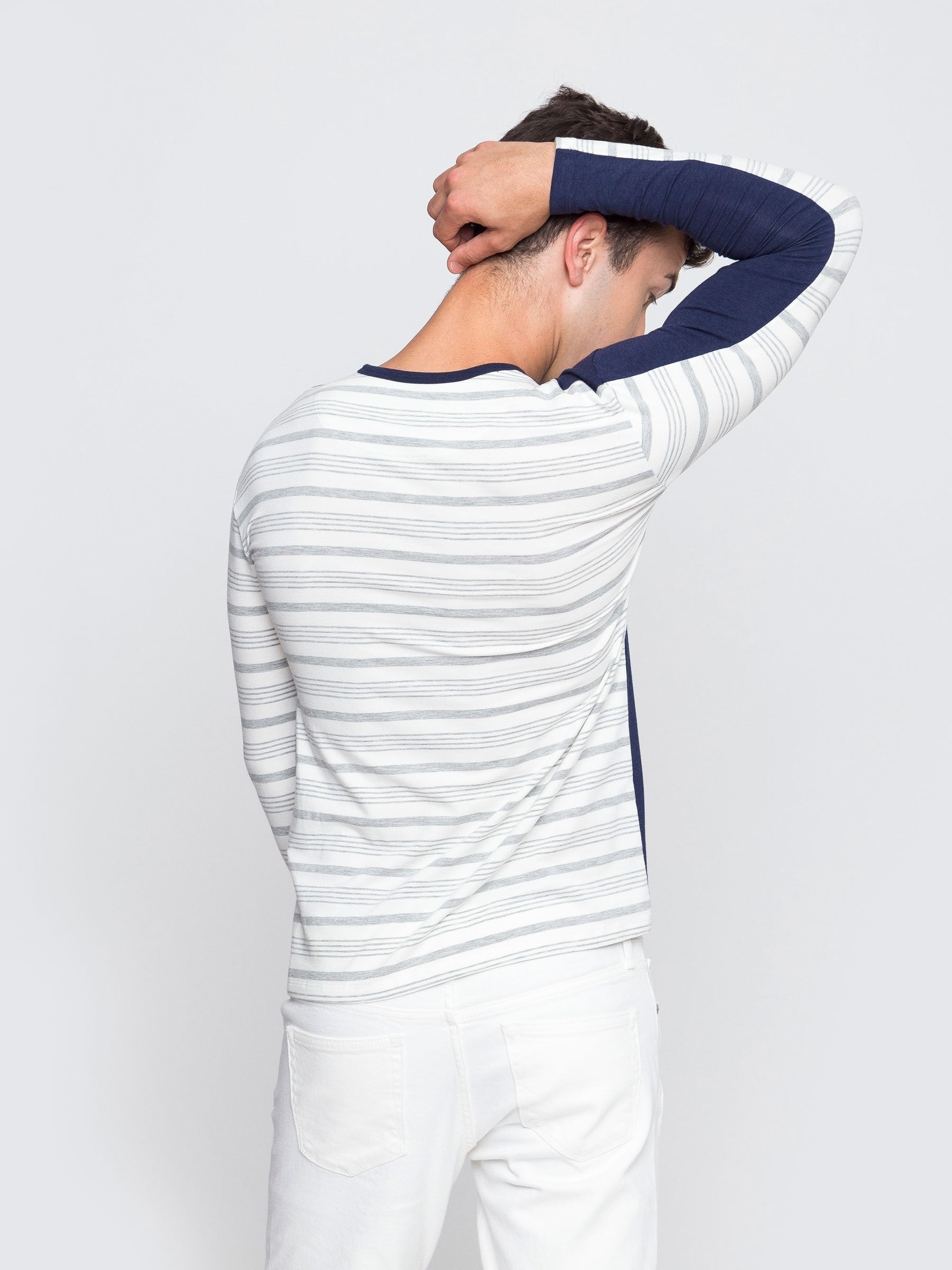 Two Blind Brothers - Mens Men's Long Sleeve Striped Henley Navy-and-Grey-Stripe