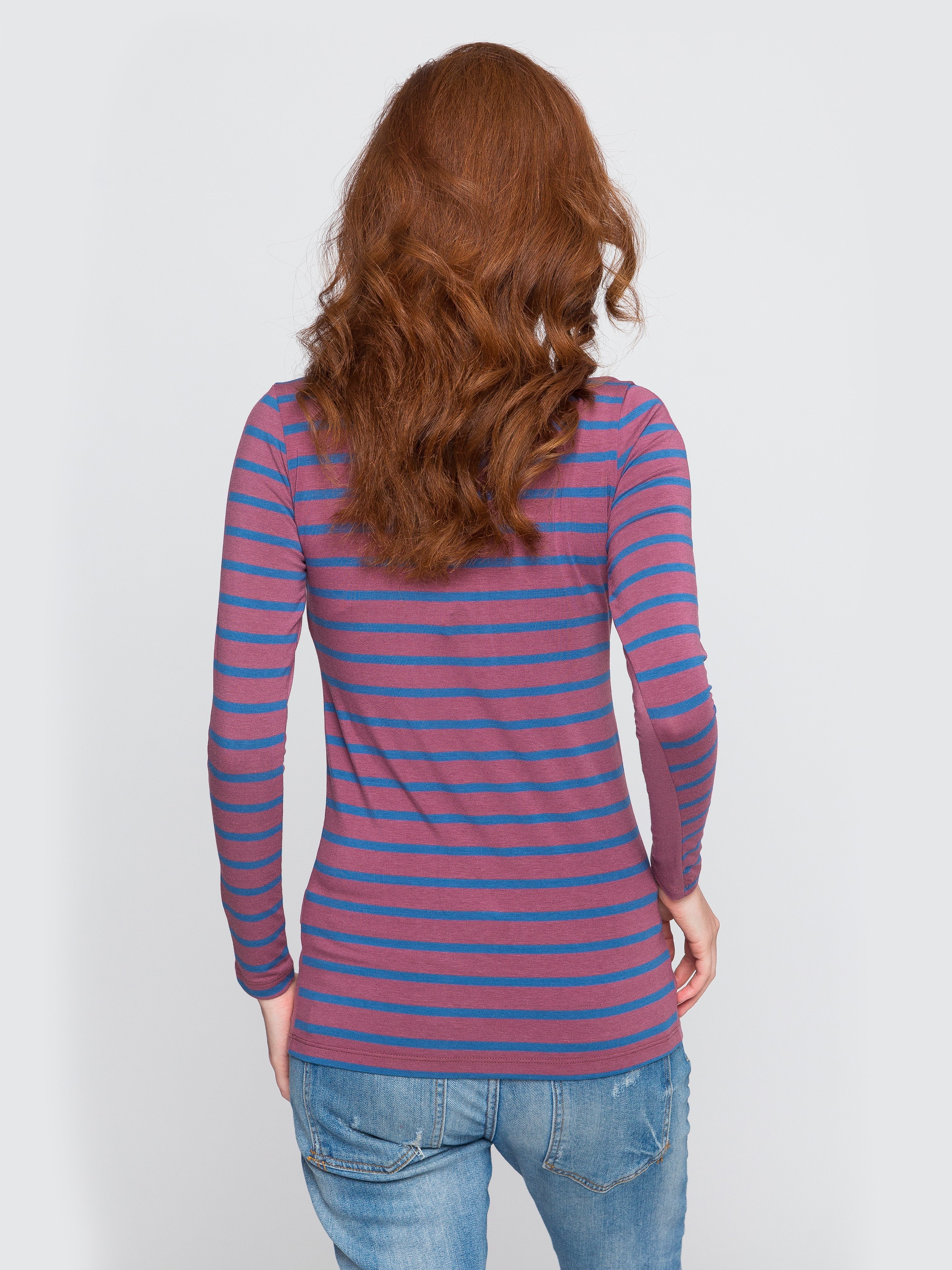 Two Blind Brothers - Womens Women's Long Sleeve Striped Henley Blue-and-Rose-Stripe