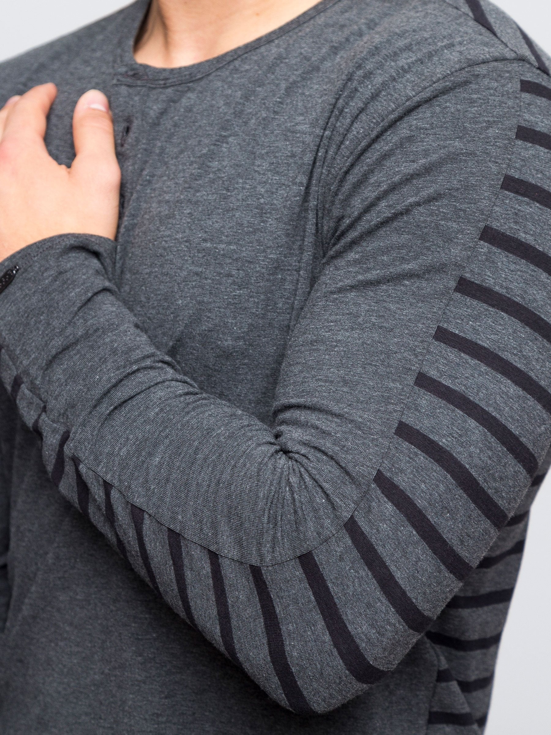 Two Blind Brothers - Mens Men's Long Sleeve Striped Henley Charcoal-and-Black-Stripe