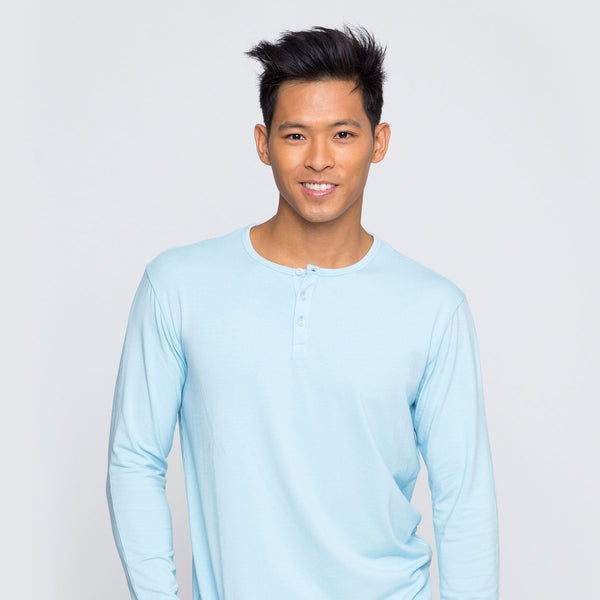 Two Blind Brothers - Mens Men's Long Sleeve Striped Henley Light-Blue