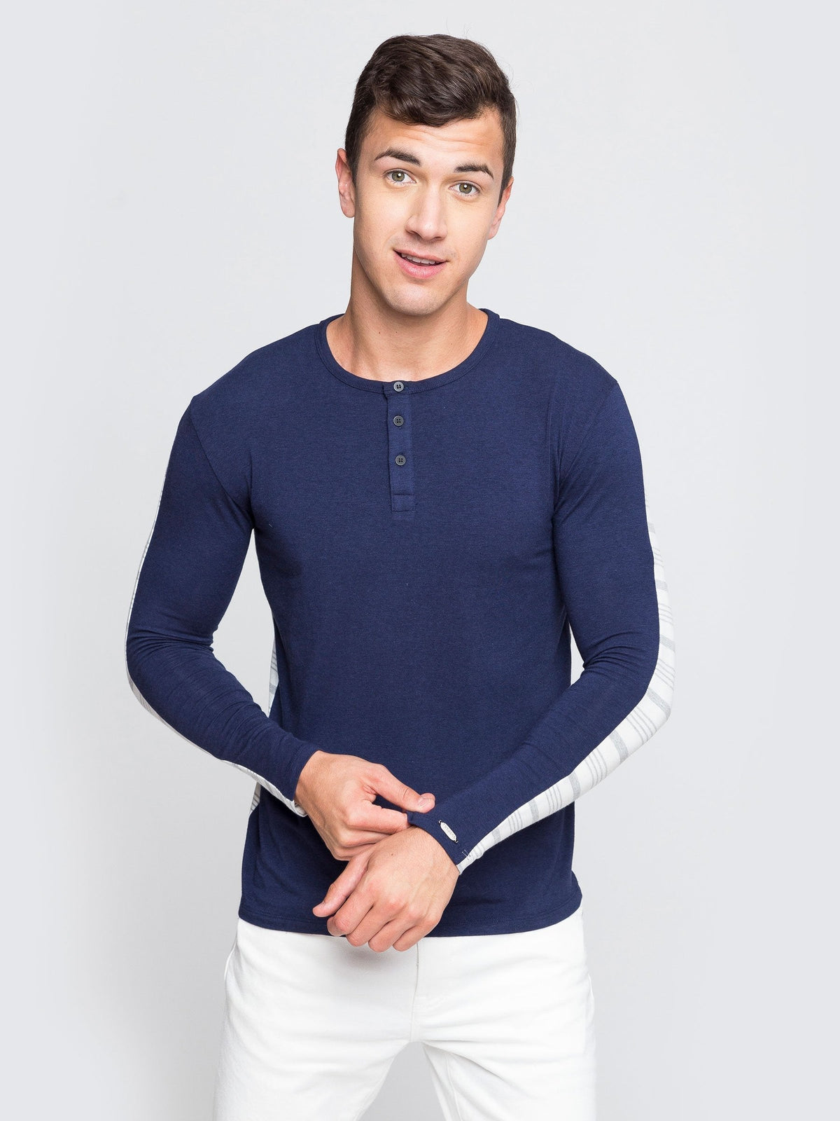 Two Blind Brothers - Mens Men's Long Sleeve Striped Henley Teal