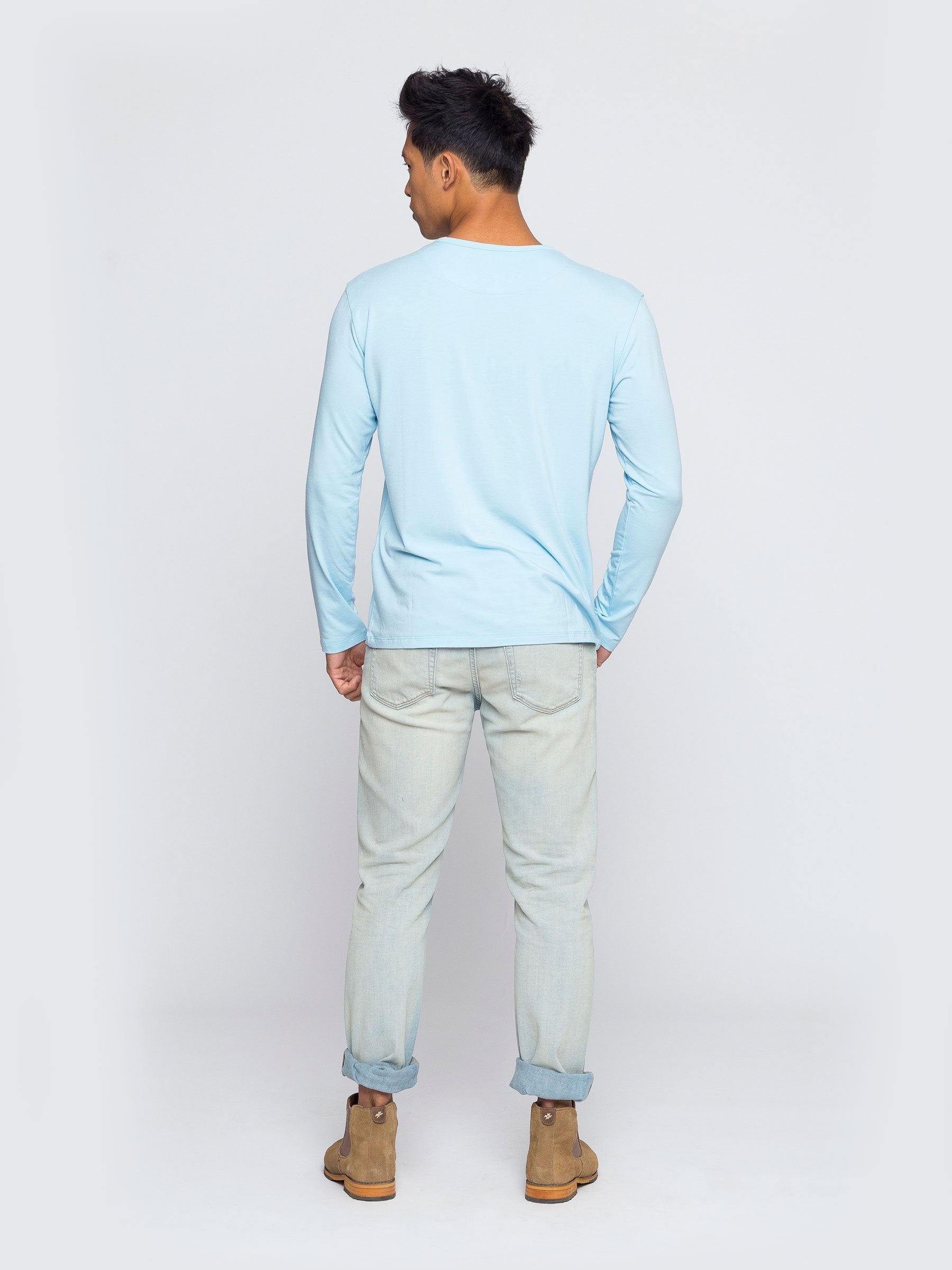 Two Blind Brothers - Mens Men's Long Sleeve Striped Henley Light-Blue
