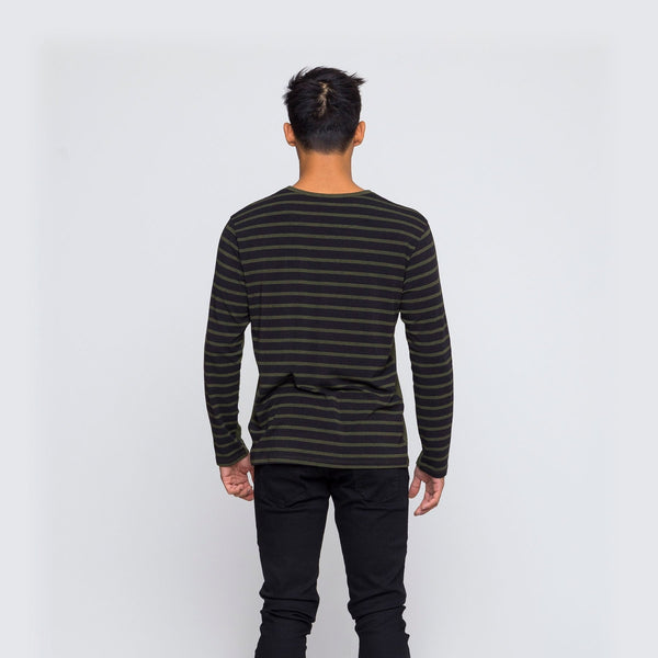 Two Blind Brothers - Mens Men's Long Sleeve Striped Henley Forest-and-Black-Stripe