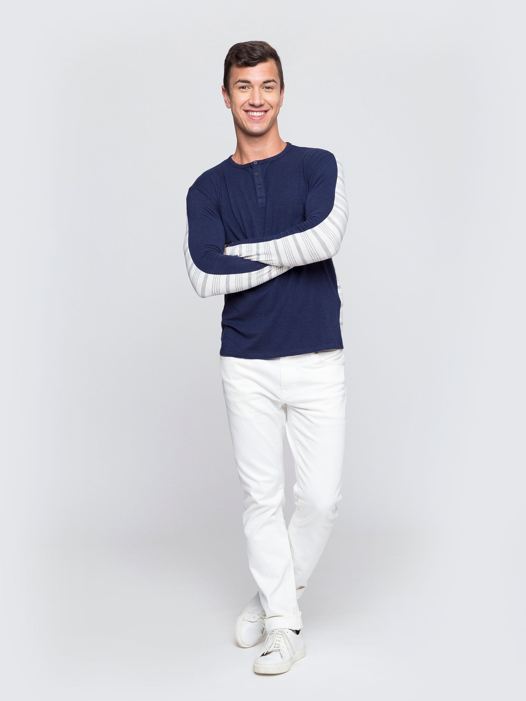 Two Blind Brothers - Mens Men's Long Sleeve Striped Henley Navy-and-Grey-Stripe