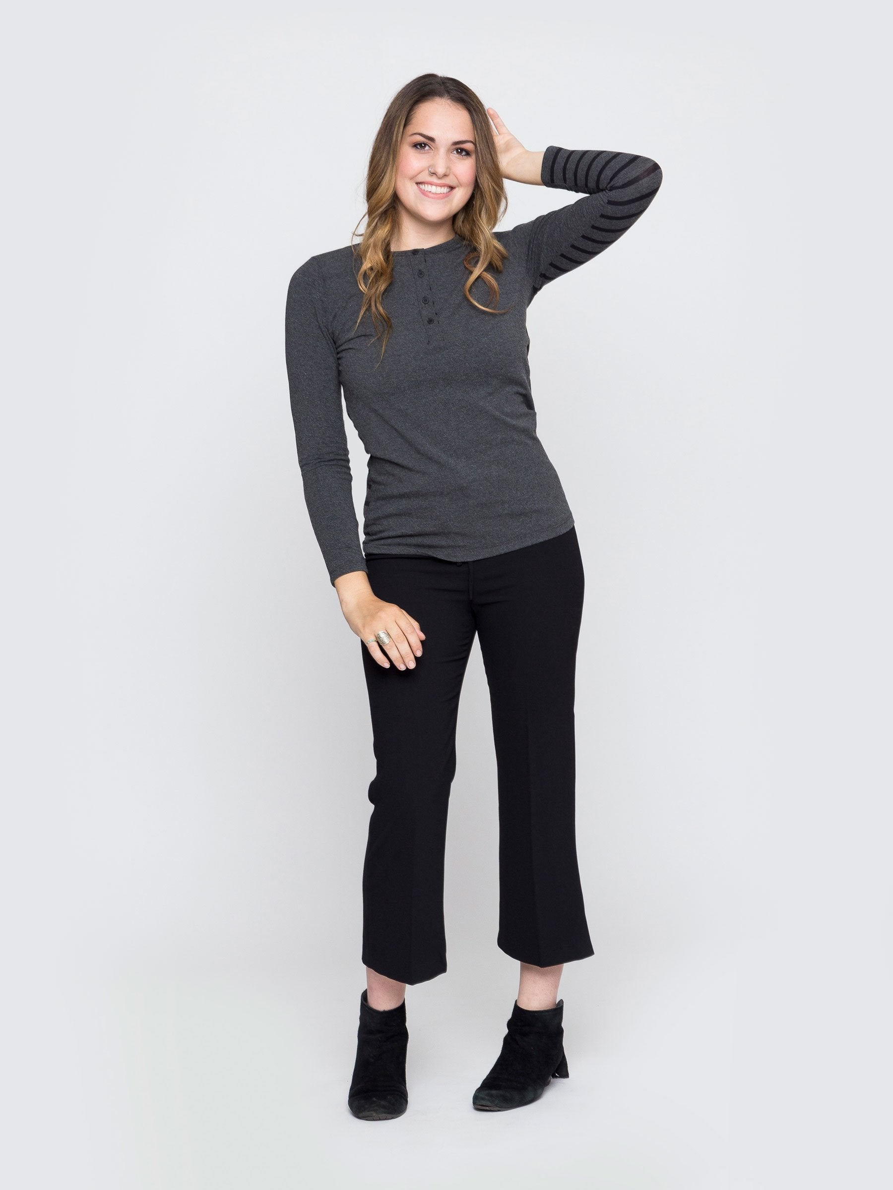 Two Blind Brothers - Womens Women's Long Sleeve Striped Henley Charcoal-and-Black-Stripe