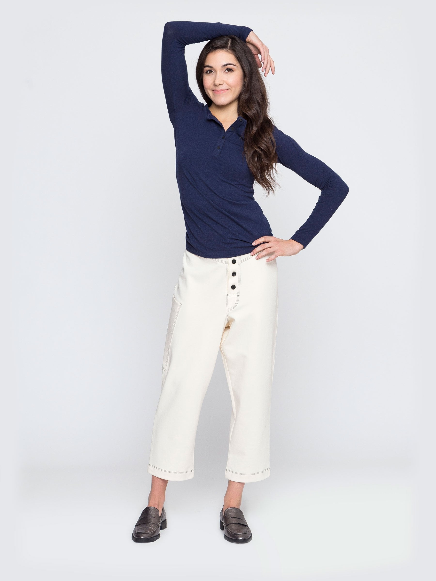 Two Blind Brothers - Womens Women's Long Sleeve Solid Henley Navy