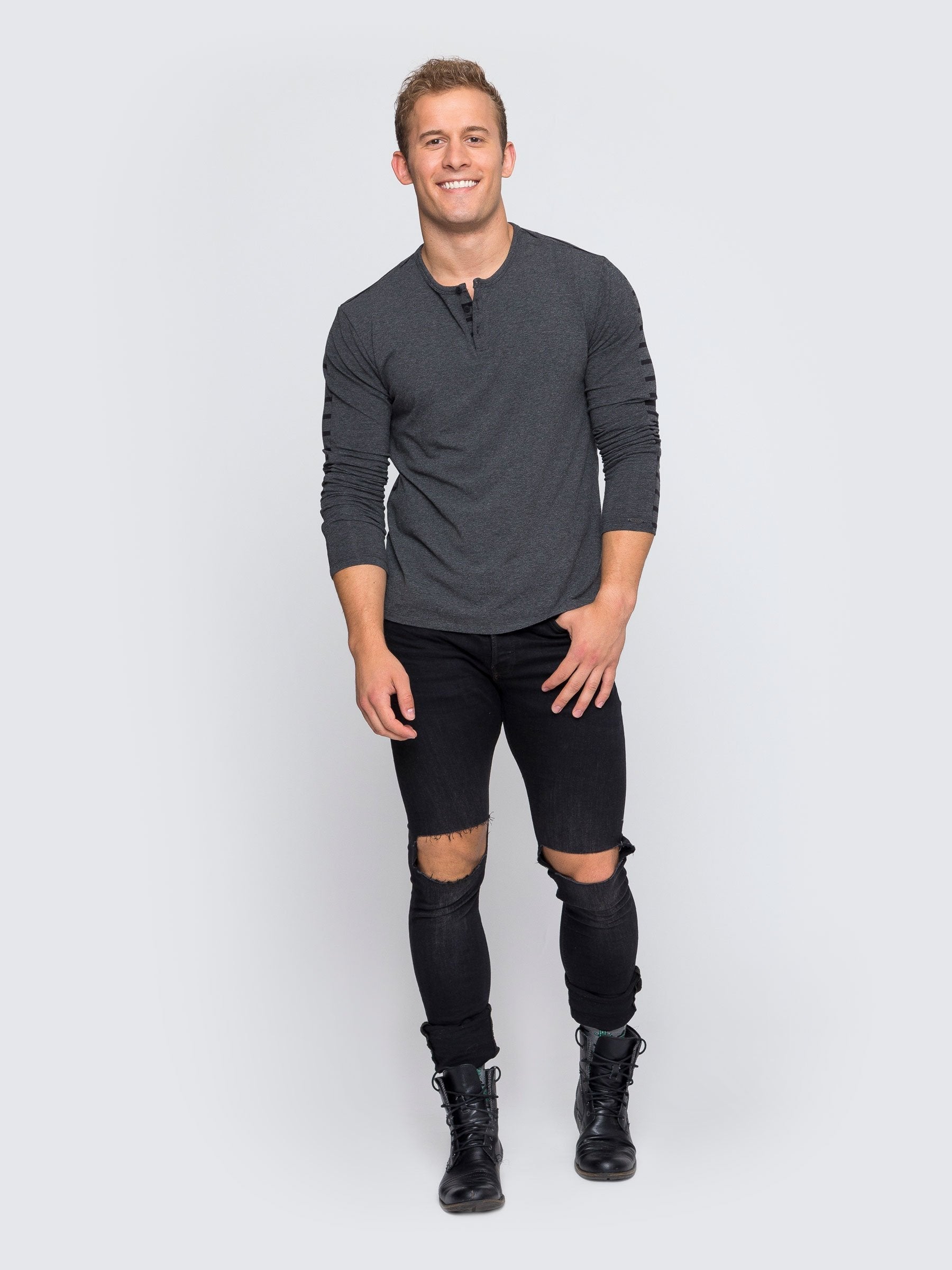 Two Blind Brothers - Mens Men's Long Sleeve Striped Henley Charcoal-and-Black-Stripe