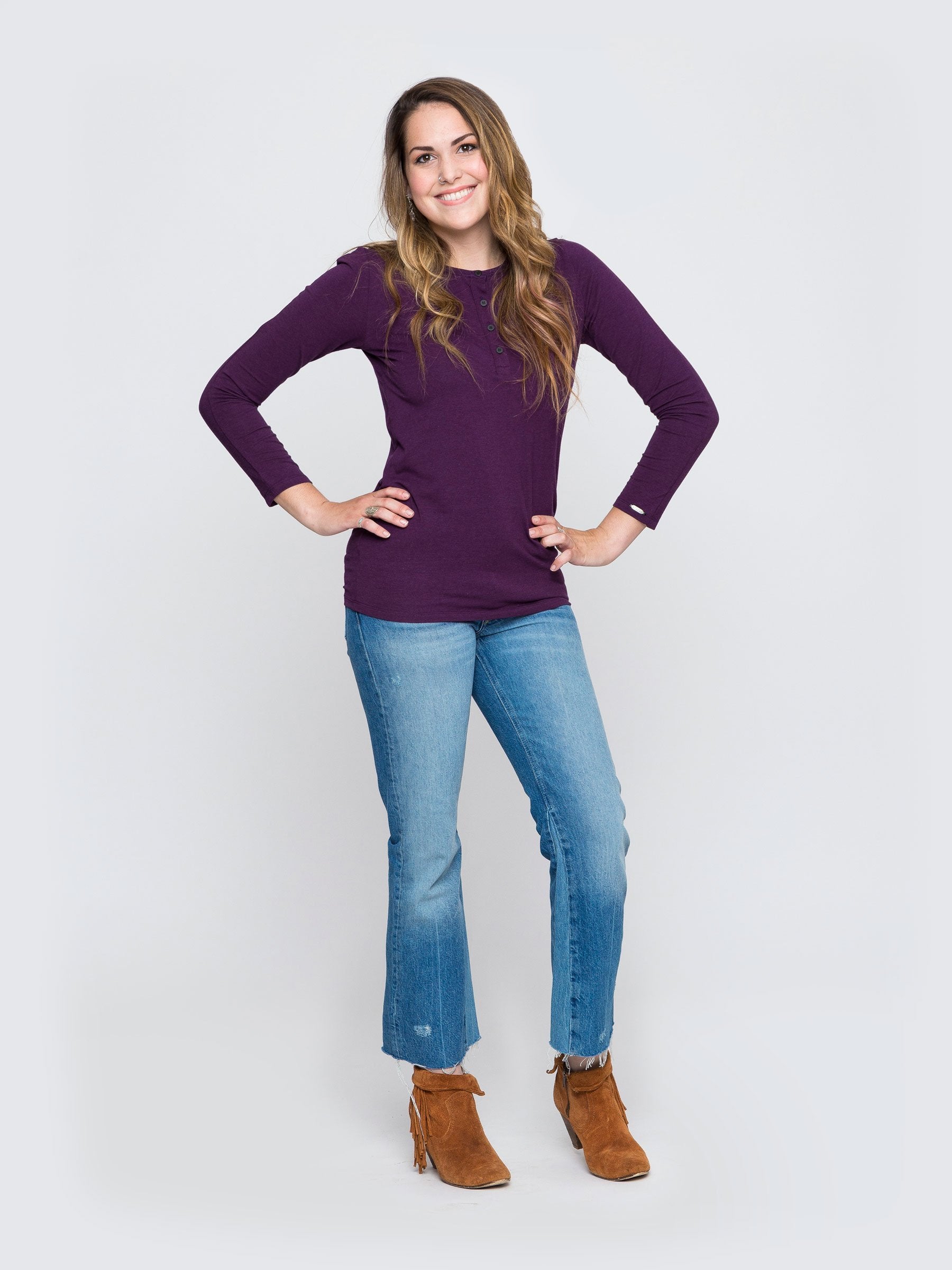 Two Blind Brothers - Womens Women's Long Sleeve Solid Henley Plum