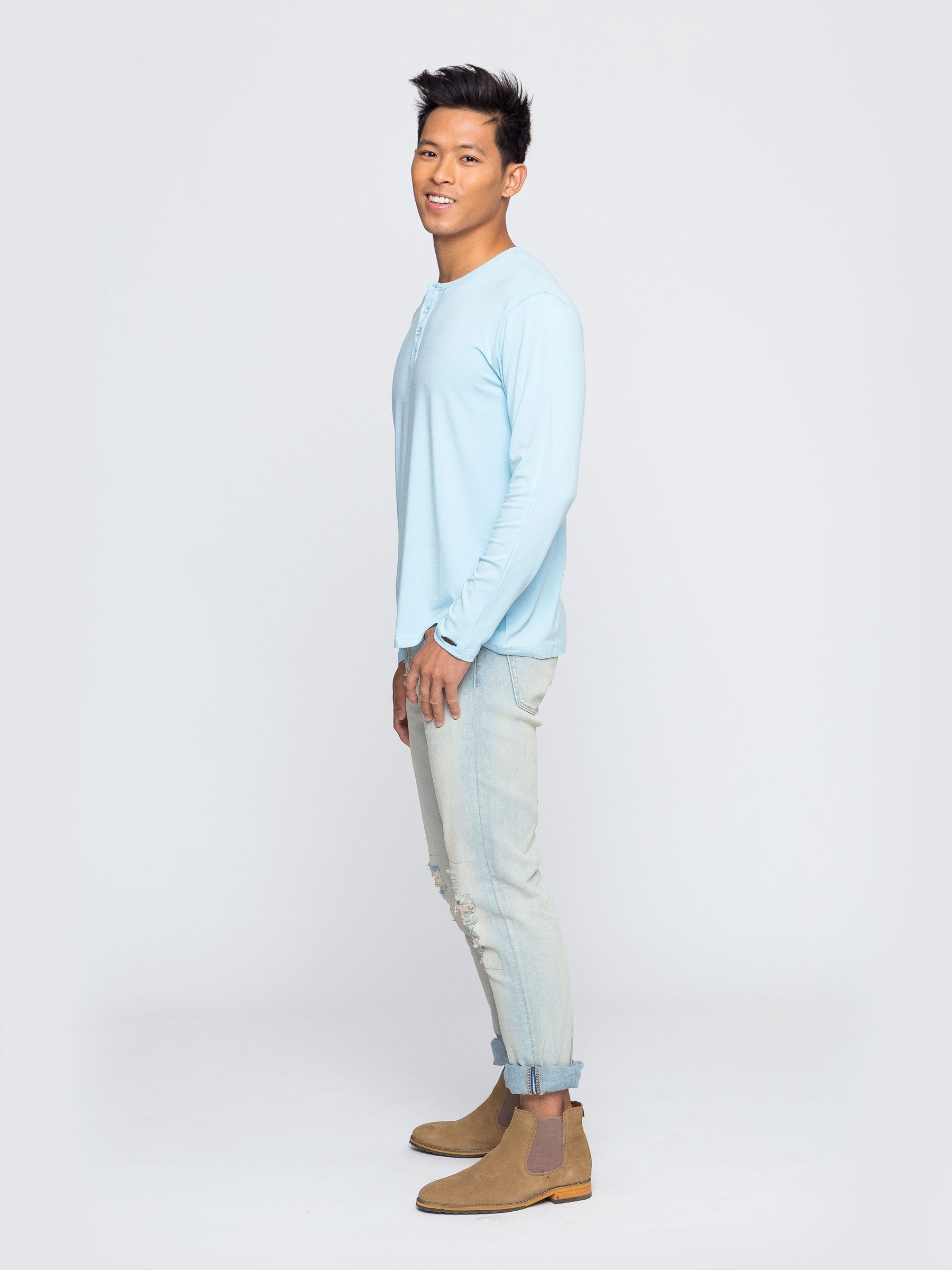 Two Blind Brothers - Mens Men's Long Sleeve Solid Henley Light-Blue