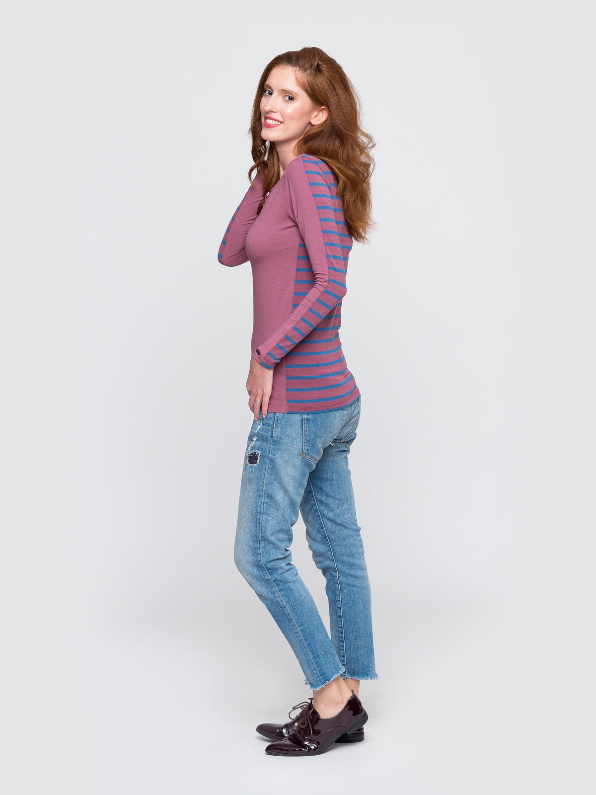 Two Blind Brothers - Womens Women's Long Sleeve Striped Henley Blue-and-Rose-Stripe