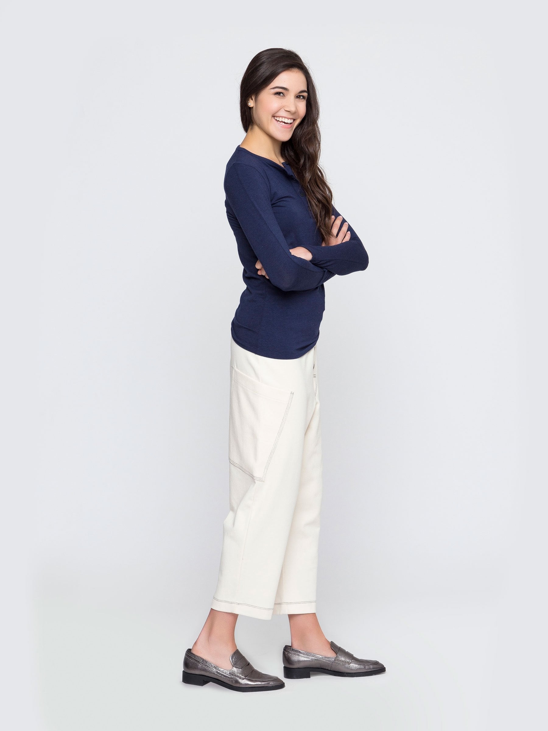 Two Blind Brothers - Womens Women's Long Sleeve Solid Henley Navy