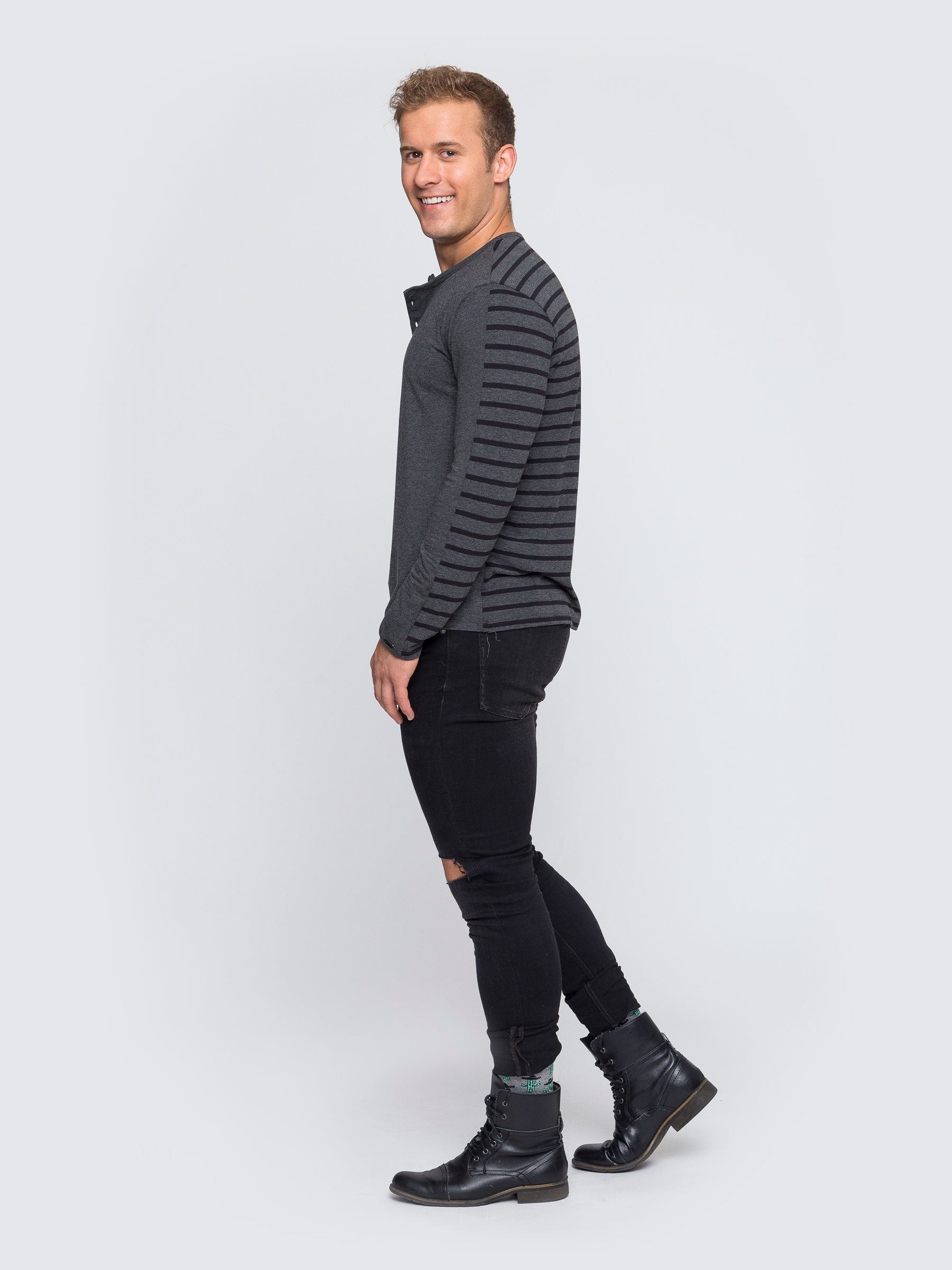 Two Blind Brothers - Mens Men's Long Sleeve Striped Henley Charcoal-and-Black-Stripe