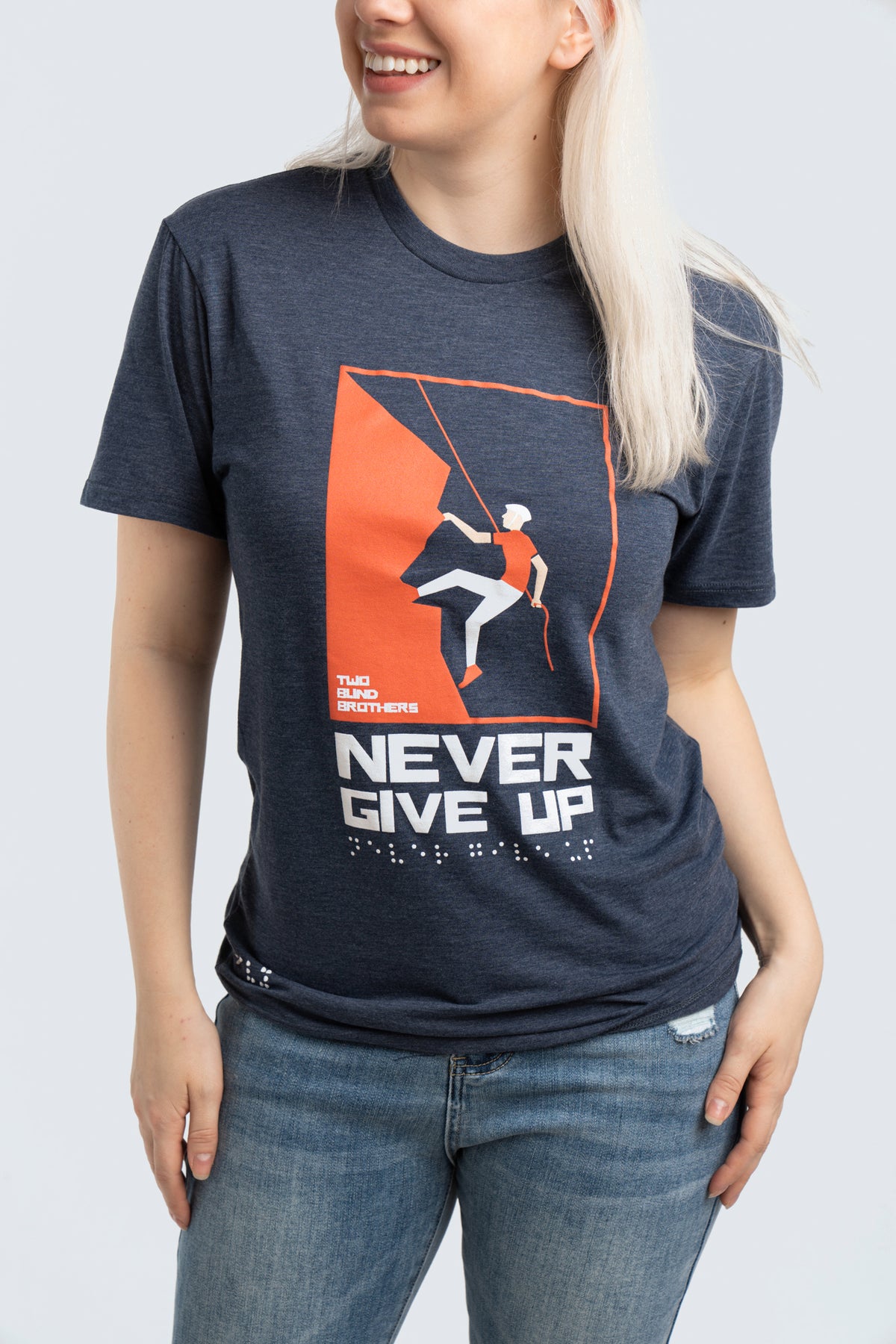 Two Blind Brothers - Womens Women's "Never Give Up" Graphic Crewneck Navy