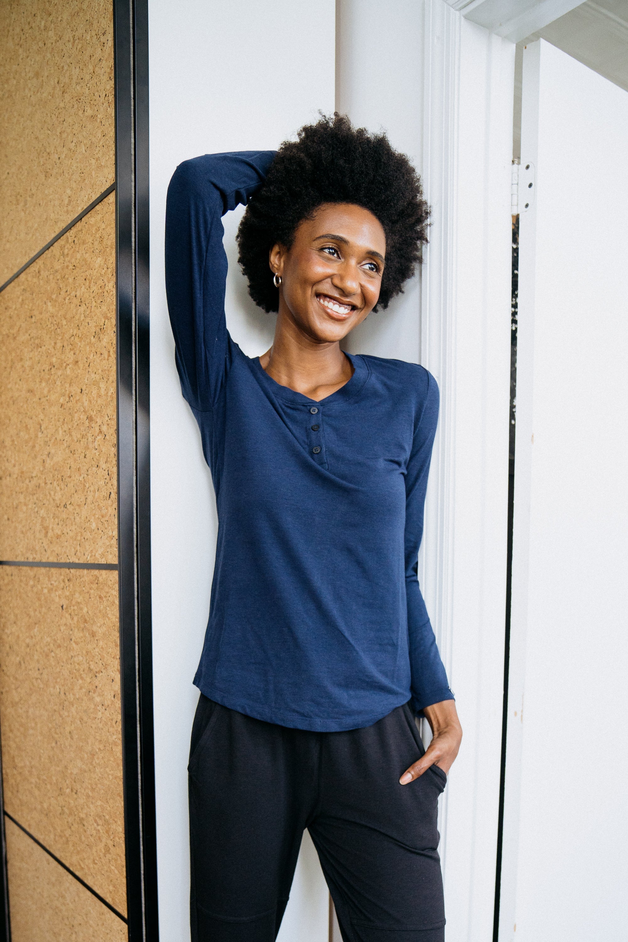 Two Blind Brothers - Womens Women's Long Sleeve Relaxed Fit Henley Navy