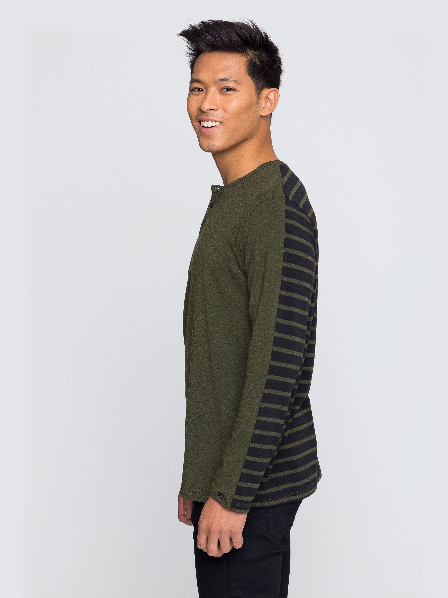 Two Blind Brothers - Mens Men's Long Sleeve Striped Henley Forest-and-Black-Stripe