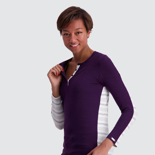 Two Blind Brothers - Womens Women's Long Sleeve Striped Henley Plum-and-Grey-Stripe