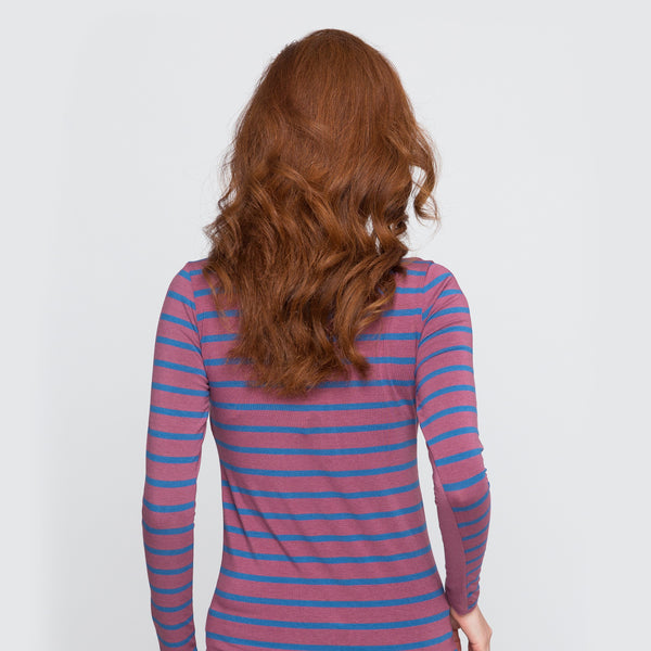 Two Blind Brothers - Womens Women's Long Sleeve Striped Henley Blue-and-Rose-Stripe