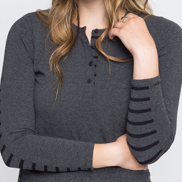 Two Blind Brothers - Womens Women's Long Sleeve Striped Henley Charcoal-and-Black-Stripe-