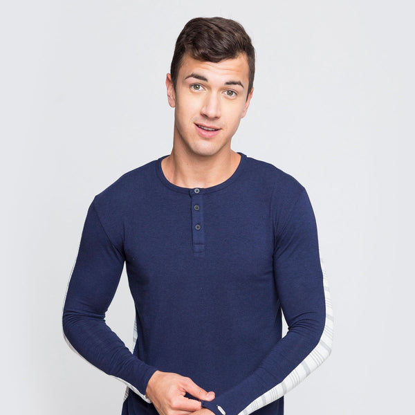 Two Blind Brothers - Mens Men's Long Sleeve Striped Henley Navy-and-Grey-Stripe