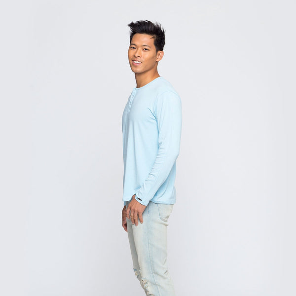 Two Blind Brothers - Mens Men's Long Sleeve Solid Henley Light-Blue