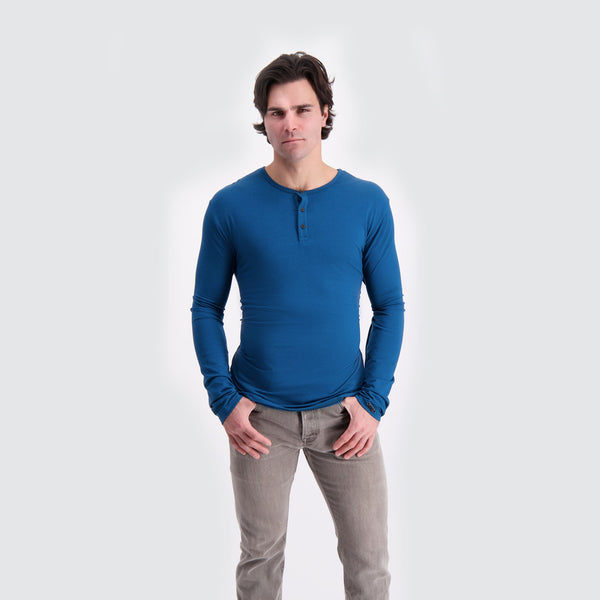 Two Blind Brothers - Mens Men's Long Sleeve Striped Henley Teal