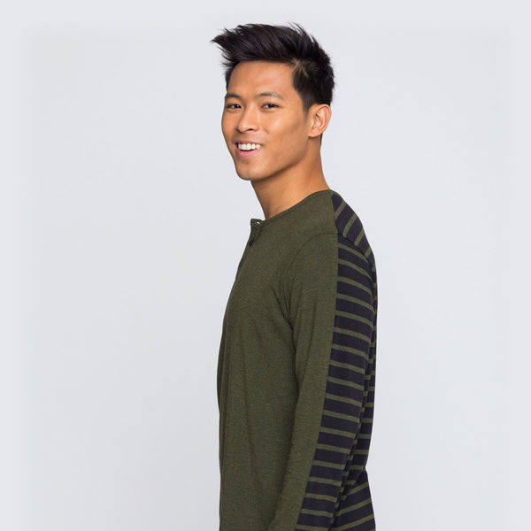 Two Blind Brothers - Mens Men's Long Sleeve Striped Henley Forest-and-Black-Stripe