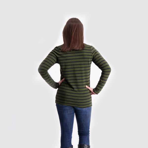 Two Blind Brothers - Womens Women's Long Sleeve Striped Henley Forest-and-Black-Stripe